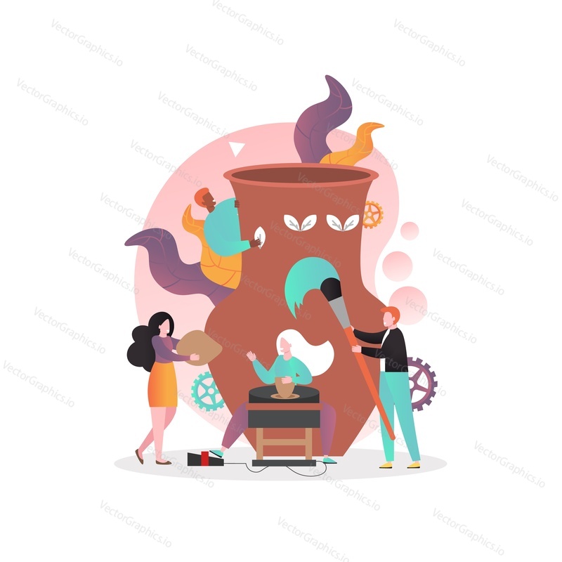 Huge clay jar and micro male and female characters working at pottery studio, vector illustration. Craft hobby and creative profession, pottery master class, workshop concept for website page etc.
