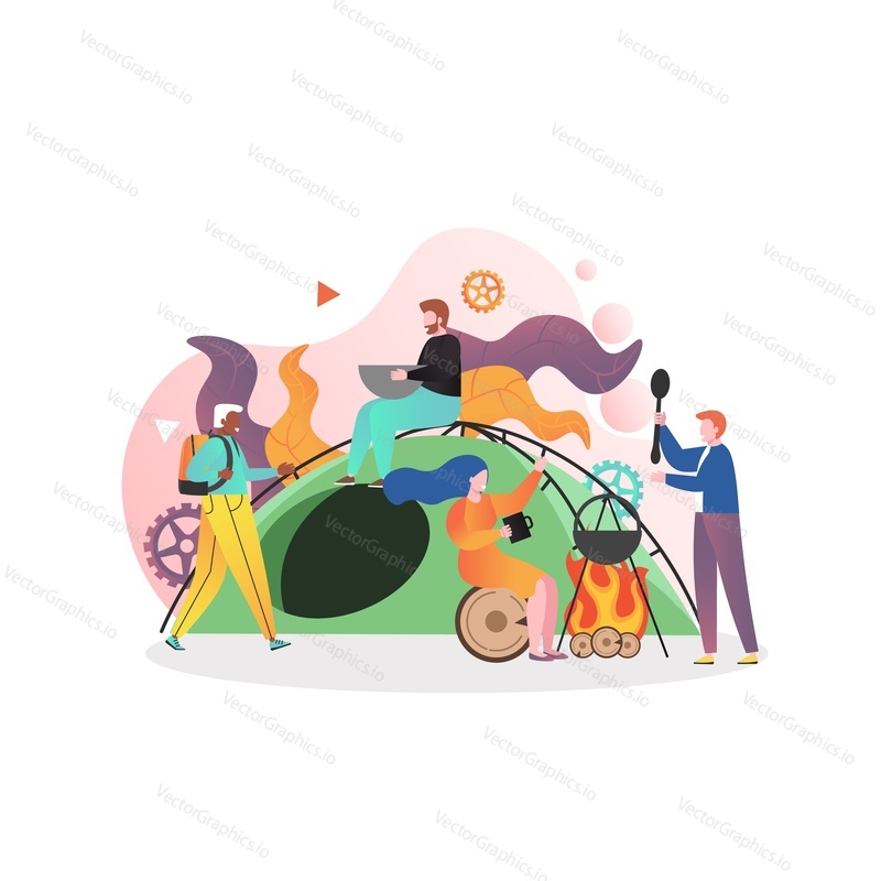 Group of tourists sitting near tent and cooking meal on fire, vector illustration. Camping, hiking, trekking concept for web banner, website page etc.