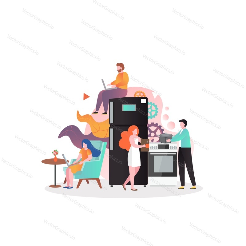 Hostel shared kitchen ad dining area with characters, vector illustration. Hostel business concept for web banner, website page etc.