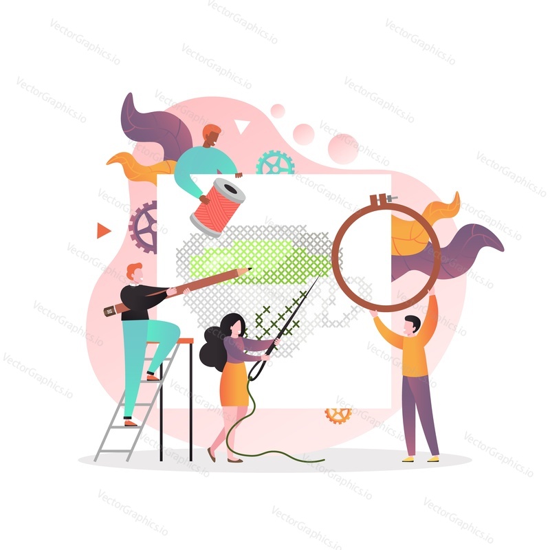 Micro male and female characters embroidering cup using huge embroidery tools and accessories pattern, hoop, needle, thread, pencil, vector illustration. Hand embroidery classes, craft hobby concept.