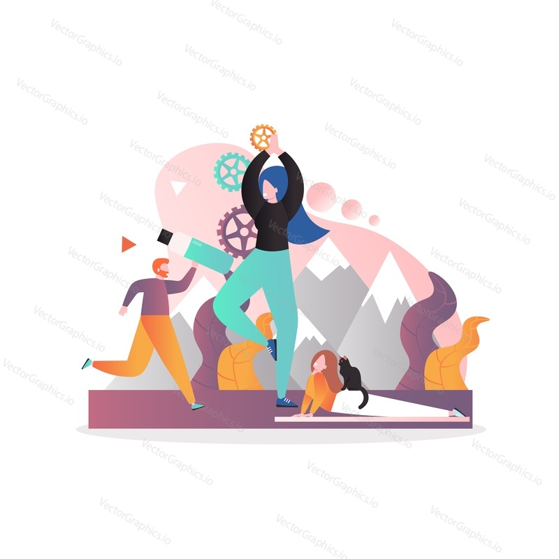 Young women doing yoga exercises in mountains, vector illustration. Camping for women practicing yoga outdoors concept for web banner, website page etc.