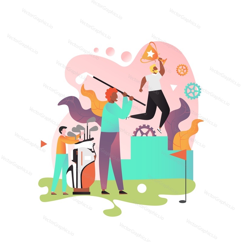 Golfer player swinging club, championship winner standing on pedestal, vector illustration. Playing golf competitive sport, hobby concept for web banner, website page etc.