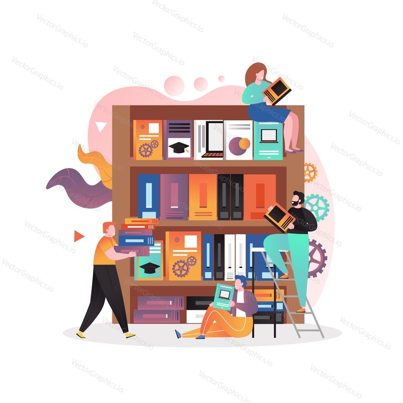 Library, bookstore with bookcase and books on shelves, male and female characters reading, choosing books, vector illustration. Education concept for web banner, website page etc.