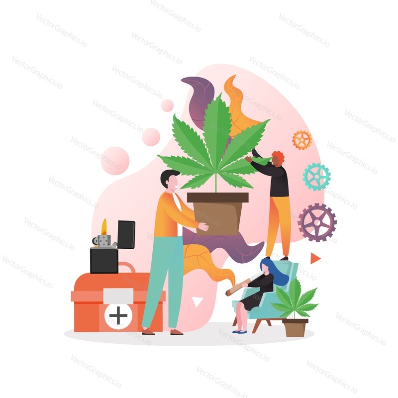 Огромный мужчина, держащий растение конопли в горшке, аптечку первой помощи, зажигалку, микро-женский персонаж, курящий косяк, векторная иллюстрация. Медицинская терапия марихуаной, потребление марихуаны и концепция освобождения.