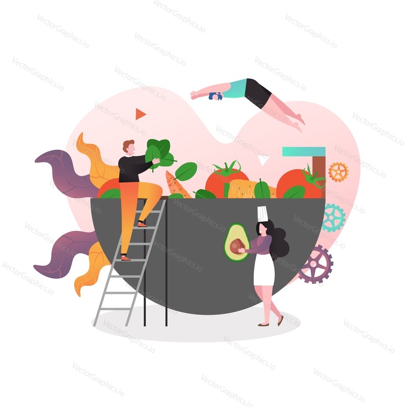 Micro male and female characters cooking fresh vegetable salad in big bowl, vector illustration. Raw food healthy nutrition concept for web banner, website page etc.