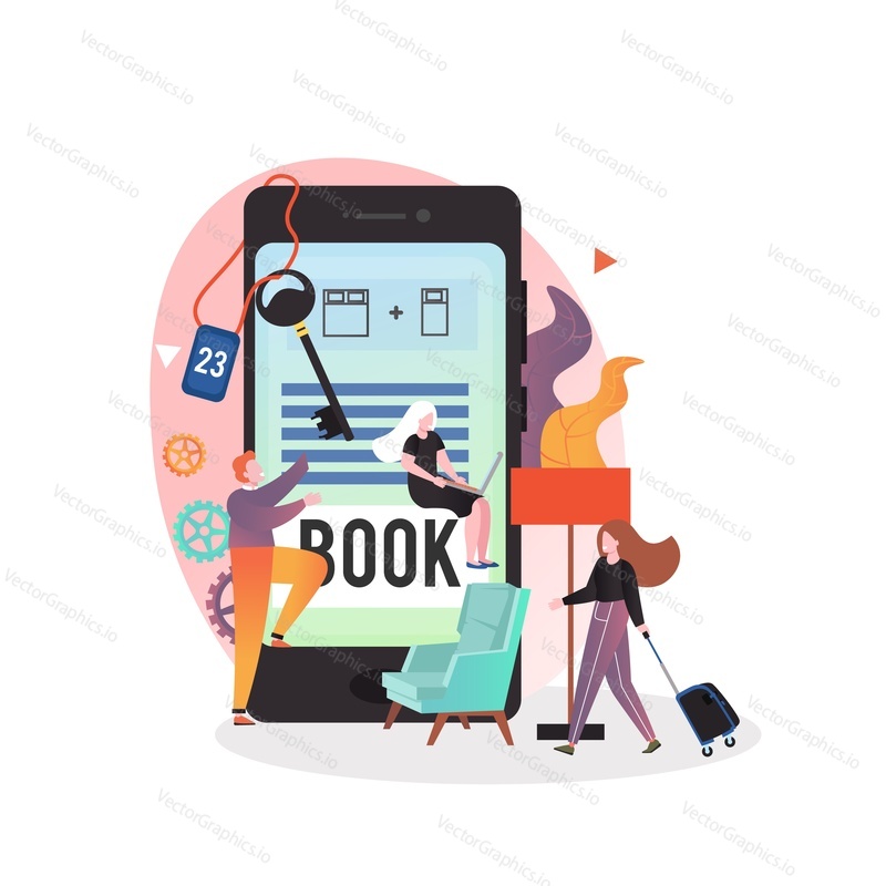 Online hotel room booking concept vector illustration. Accommodation search and reservation composition with micro male and female characters and huge smartphone for web banner, website page etc.