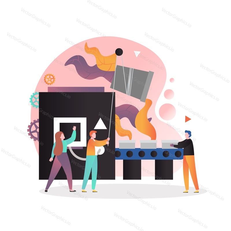 Metal and steel industry, casting concept vector illustration. Metallurgical plant conveyor belt, liquid metal pouring from ladle into molds and workers male and female cartoon characters.