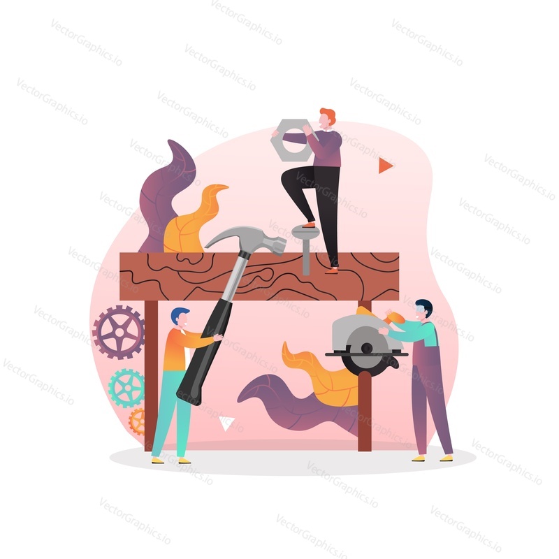 Micro male characters carpenters at work using big hammer, utility knife and miter saw, vector illustration. Carpentry services concept for web banner, website page etc.
