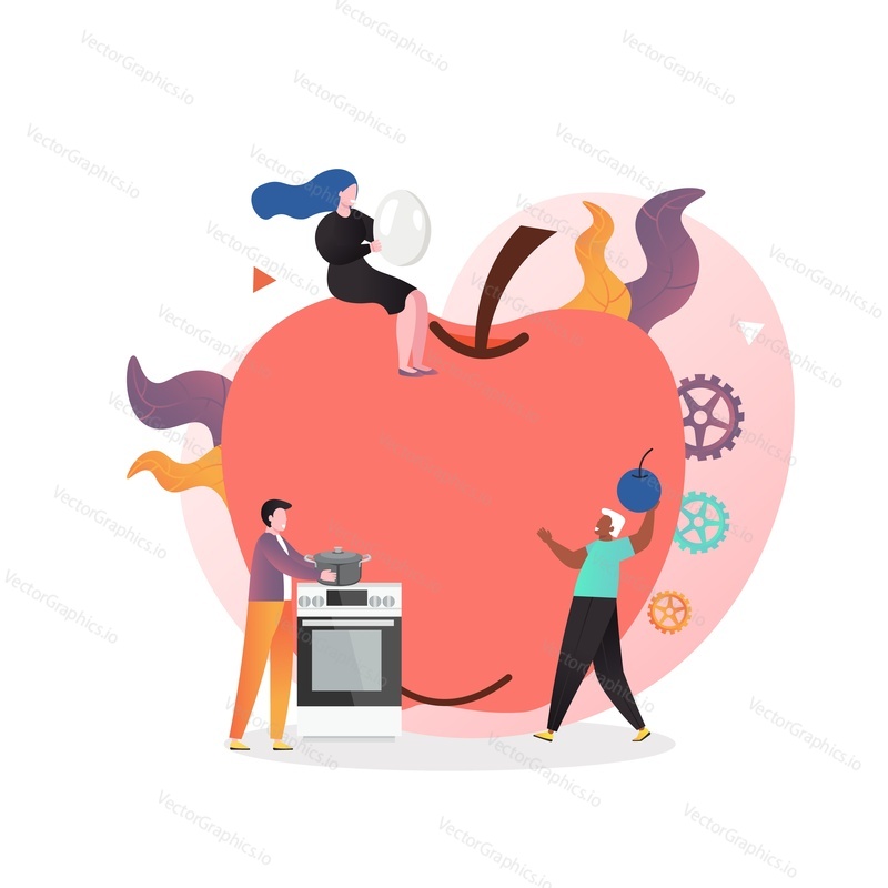 Huge apple and micro male and female characters cooking meal with blueberry, chicken egg, vector illustration. Healthy diet, veggie food, vegan nutrition concept for web banner, website page etc.