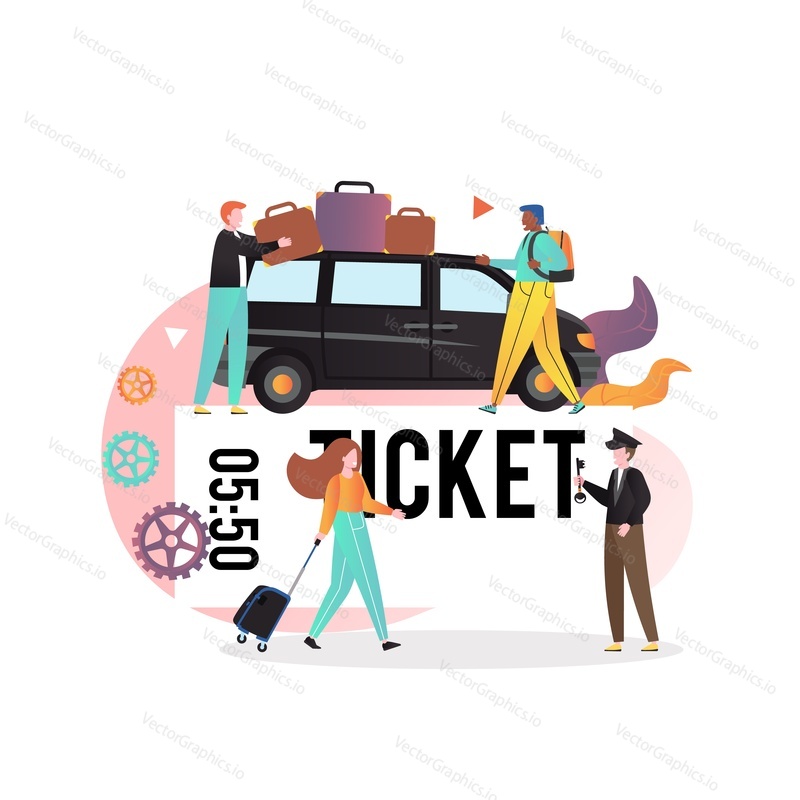 Public transport bus service, route taxi vector concept illustration for web banner, website page etc. Minivan with luggage on roof, driver with key, passengers male and female characters and ticket.