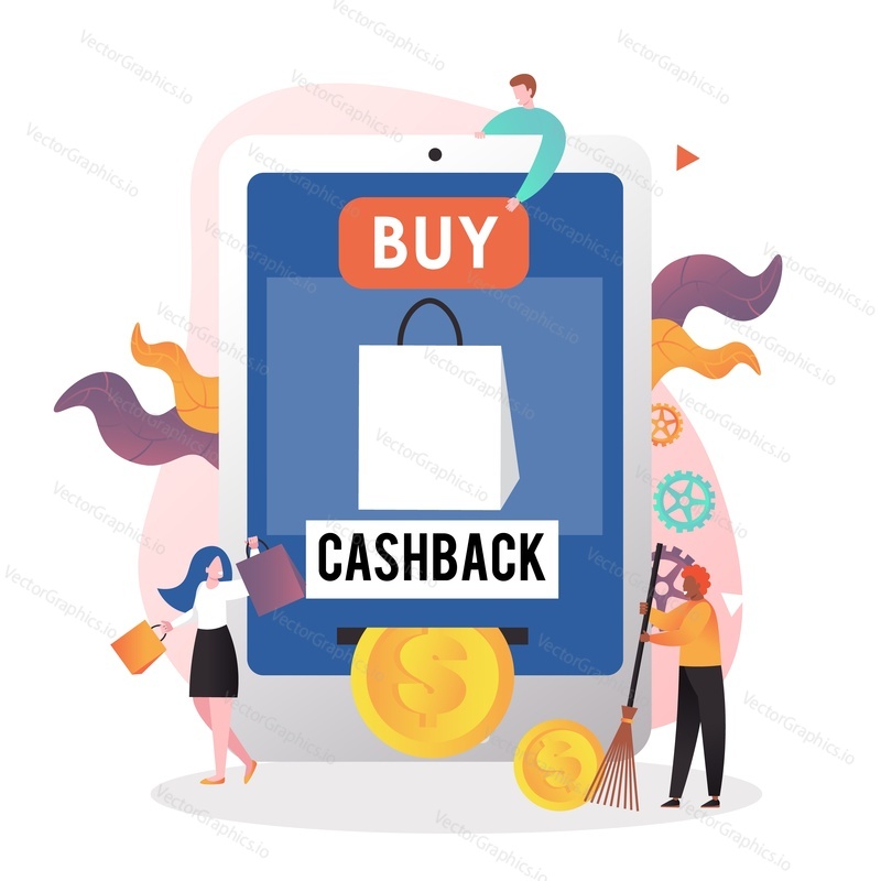 Программа вознаграждения Cash back для клиентов, совершающих онлайн-покупки векторная концепция с микросимволами и огромным смартфоном. Приложение для кэшбэка.