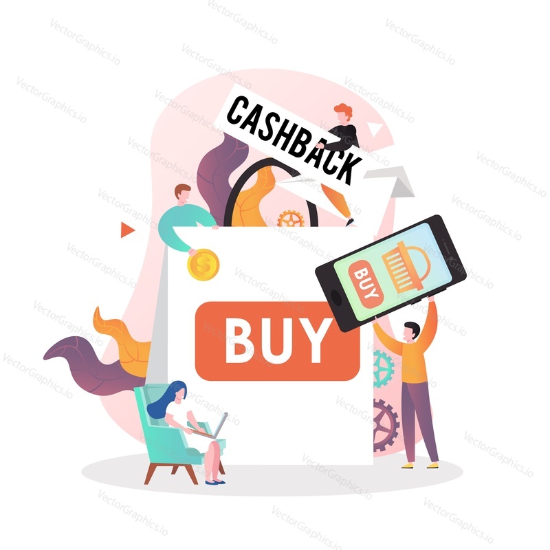 Male and female characters doing online shopping with cash back, vector illustration. Cashback or money refund concept for web banner, website page etc.