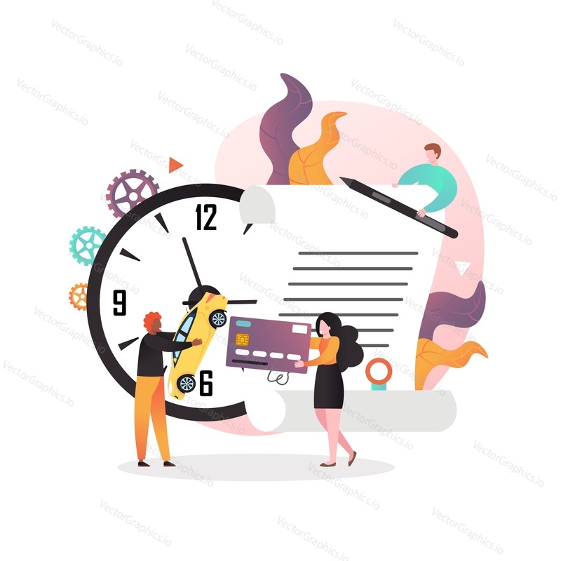 Huge car rental agreement, clock and micro male and female characters with yellow automobile, credit card and pen, vector illustration. Car rental booking concept for web banner, website page etc.