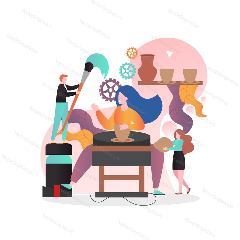 Young woman potter making clay pot on pottery wheel, man decorating handicraft crockery with paint, vector illustration. Pottery workshop or studio concept for web banner, website page etc.