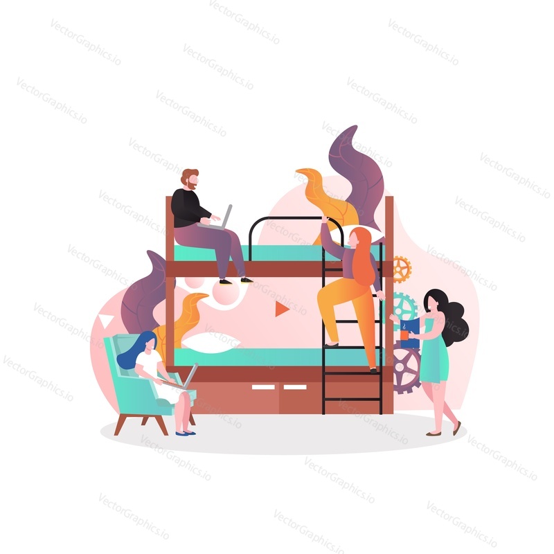 Male and female characters tourists, students living in hostel dormitory room, vector illustration. Cheap accommodation, hostel business concept for web banner, website page etc.