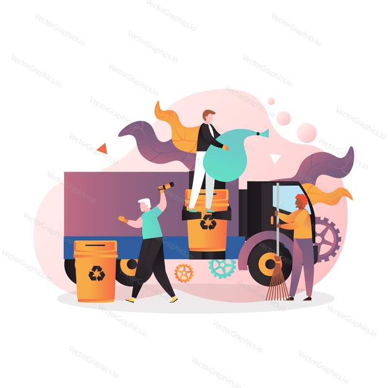 Garbage truck, recycle bin and male characters street cleaners collecting trash, vector illustration. Cleaning street concept for web banner, website page etc.