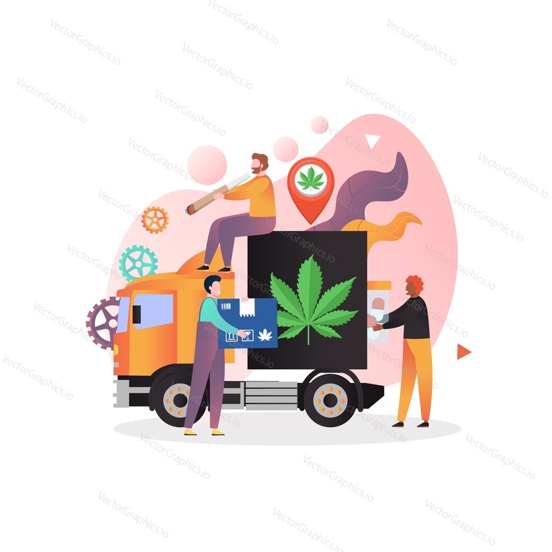 Мужские персонажи курят косяк, загружая грузовик для доставки конопли медицинскими таблетками в капсулах с марихуаной, векторная иллюстрация. Доставка каннабиса, концепция потребления марихуаны для веб-баннера, страницы веб-сайта и т.д.