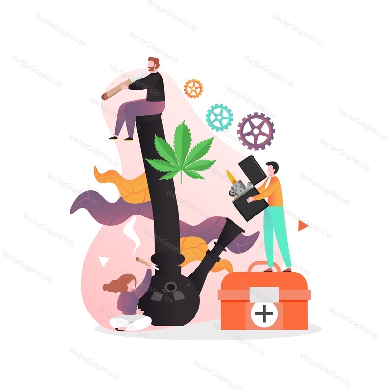 Huge cannabis smoking bong, first aid kit, micro male and female characters smoking spliffs vector illustration. Marijuana consumption, medical hemp, cannabis legalization concept for website page etc