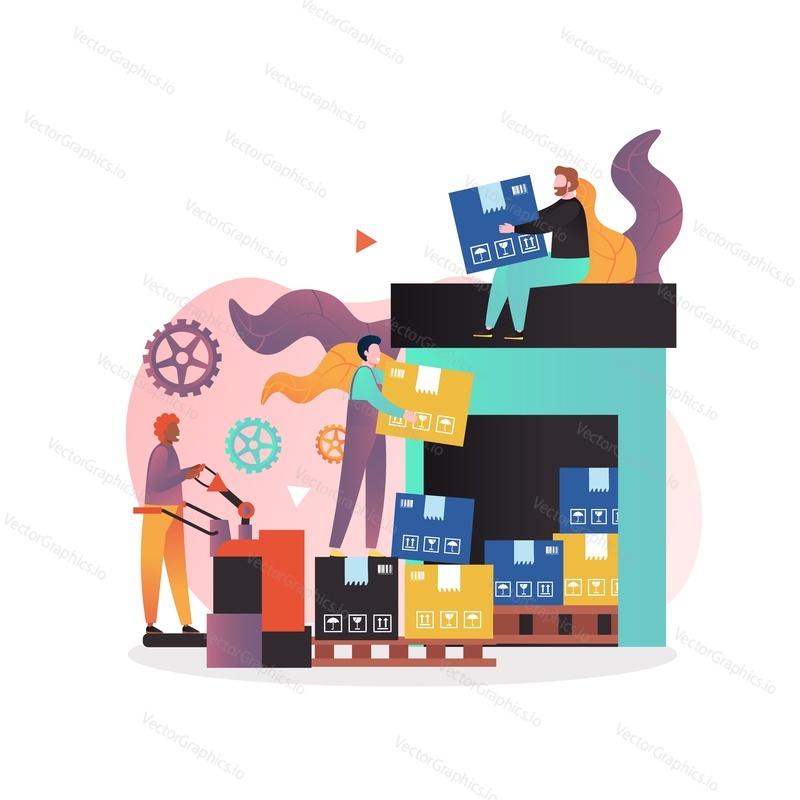 Male characters workers, loaders working in warehouse, vector illustration. Storage and transportation cargo, delivery and logistics concept for web banner, website page etc.