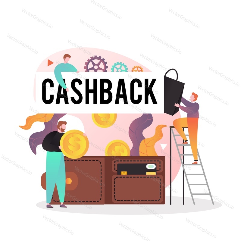 Group of male characters getting cash back money for online shopping, big dollar coins falling down into wallet with credit card, vector illustration. Money transfer, cashback concept for web banner.