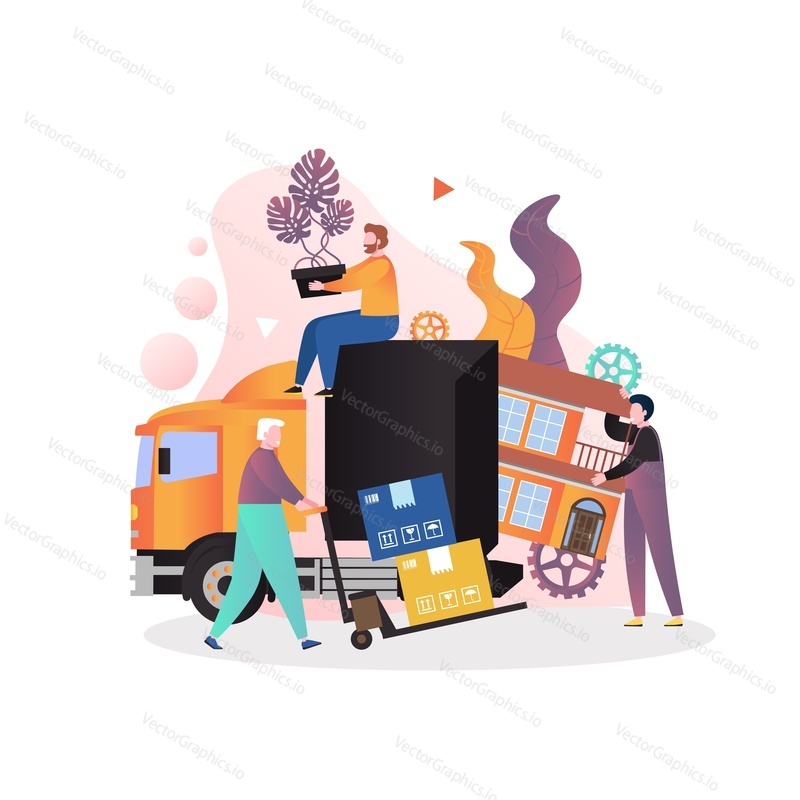Loaders movers loading house into moving truck, pushing cart with cardboard boxes, vector illustration. Moving home transport company services concept for web banner, website page etc.
