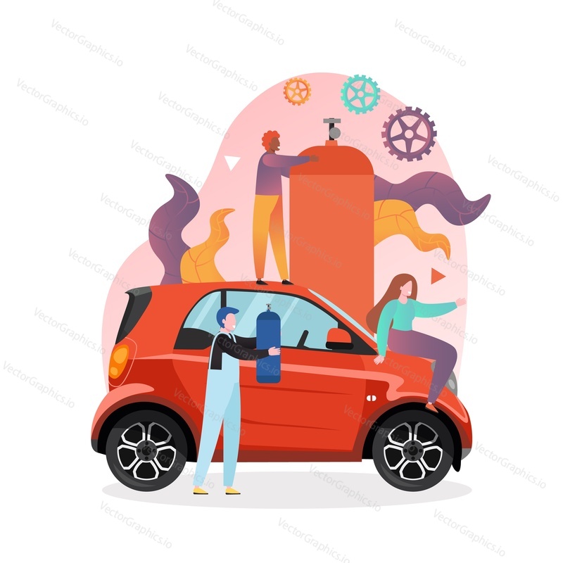 Young woman driver sitting on red automobile, workers with gas fuel balloons, vector illustration. Gas station, refueling concept for web banner, website page etc.