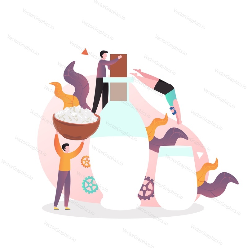 Huge organic cow milk bottle and glass, bowl of cottage cheese, micro male characters, vector illustration. Healthy milk and dairy products composition for web banner, website page etc.