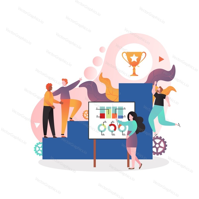 Coaching vector concept illustration for web banner, website page. Woman professional trainer coach giving presentation, lecture how to succeed in business. Training courses.