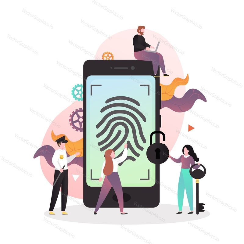 Mobile security, fingerprint on screen, characters with key, lock, vector illustration. Biometric access scanning technology, fingerprint identification.