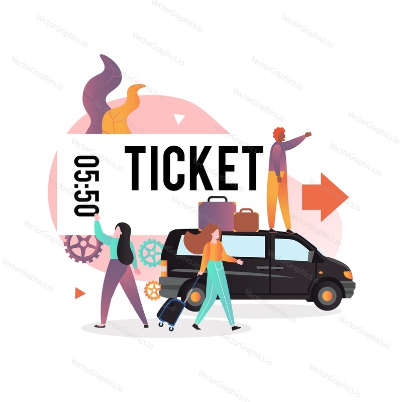 MIinibus, huge ticket, male and female characters passengers travelers with luggage, vector illustration. Public bus taxi transportation concept for web banner, website page etc.