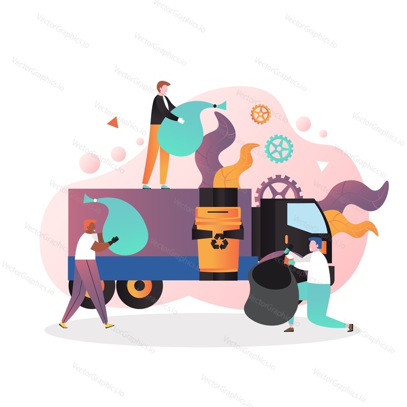 Street cleaners throwing garbage bags into garbage truck, vector illustration. Cleaning street, collection of household and commercial waste concept for web banner, website page etc.
