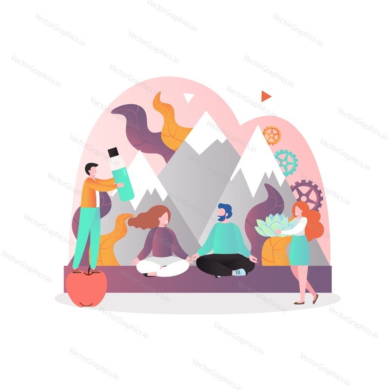 Young couple meditating in yoga position, vector illustration. Yoga camp in nature concept for web banner, website page etc.