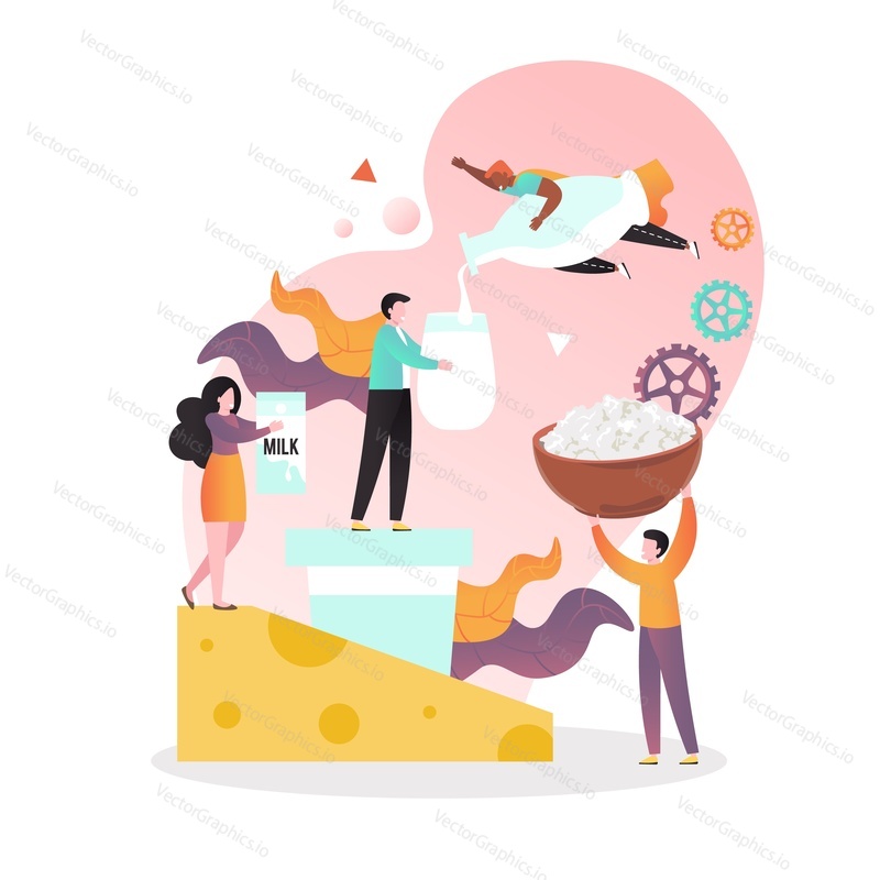 Huge piece of cheese, micro male and female characters holding milk carton, bowl of cottage cheese, pouring milk from bottle into the glass, vector illustration. Healthy milk products, dairy industry.