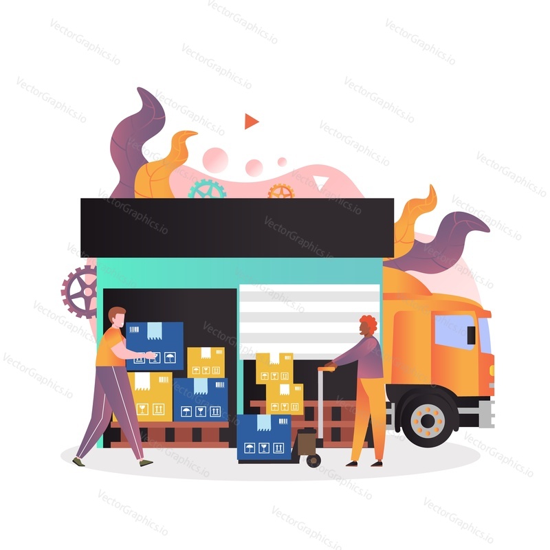 Workers loading cardboard boxes into cargo van, vector illustration. Warehouse storage, transport and logistics business vector concept for web banner, website page etc.
