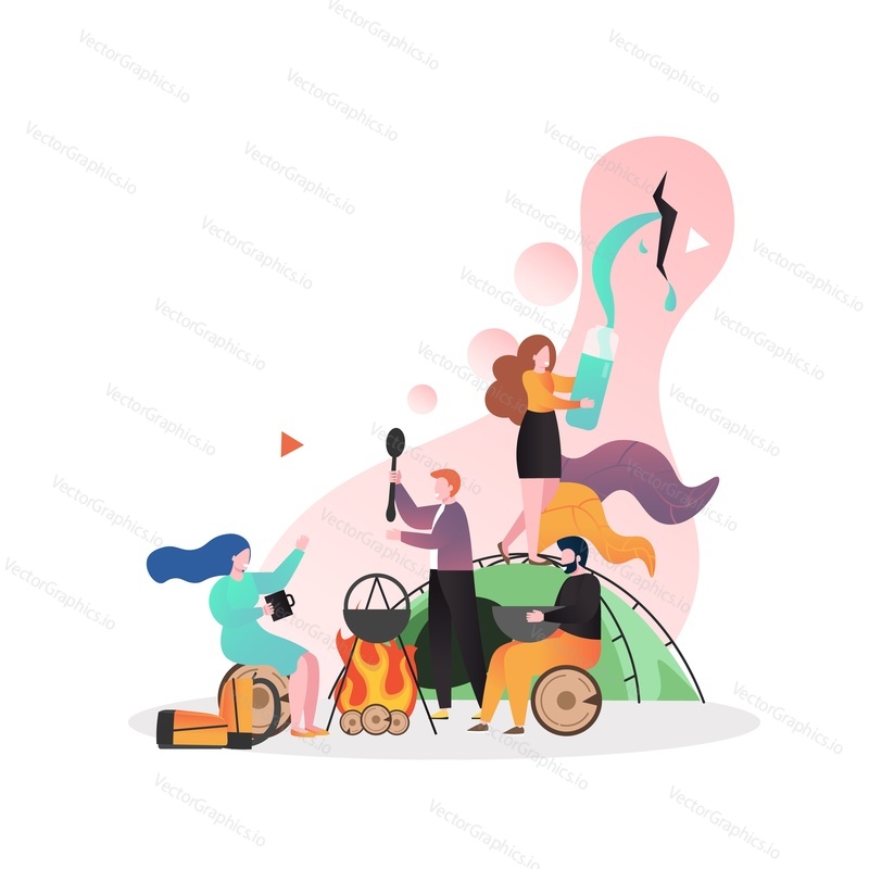 Group of people male and female characters friends sitting around the campfire, vector illustration. Camping, hiking concept for web banner, website page etc.