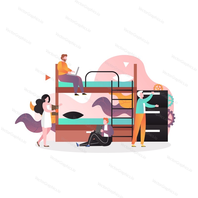 College or university dormitory, hostel room with bunk bed and characters, vector illustration. Cheap accomodation to people travelling on low budget. Hostel business concept for website page etc.