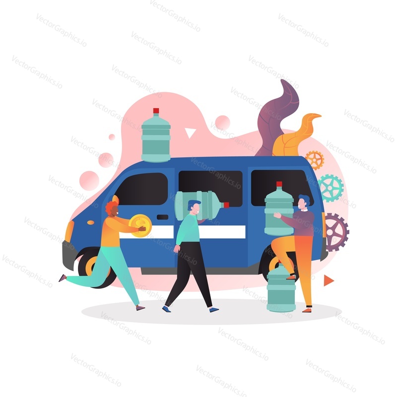 Water delivery van and male cartoon characters with big bottles, vector illustration. Water delivery company service concept for web banner, website page etc.