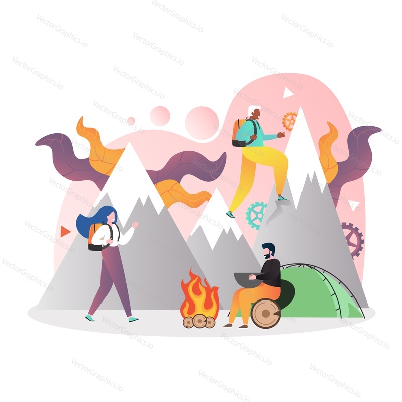 Travelers male and female characters with backpacks hiking, cooking meal on fire, vector illustration. Trekking, mountain tourism, expedition concept for web banner, website page etc.