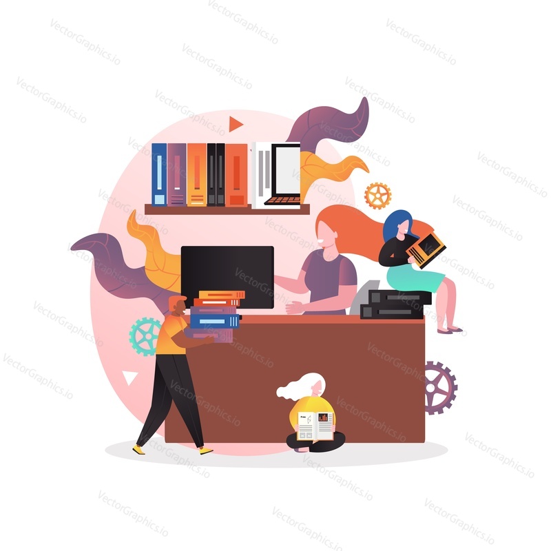 Library reception with male and female characters librarian, readers, vector illustration. Education concept for web banner, website page etc.
