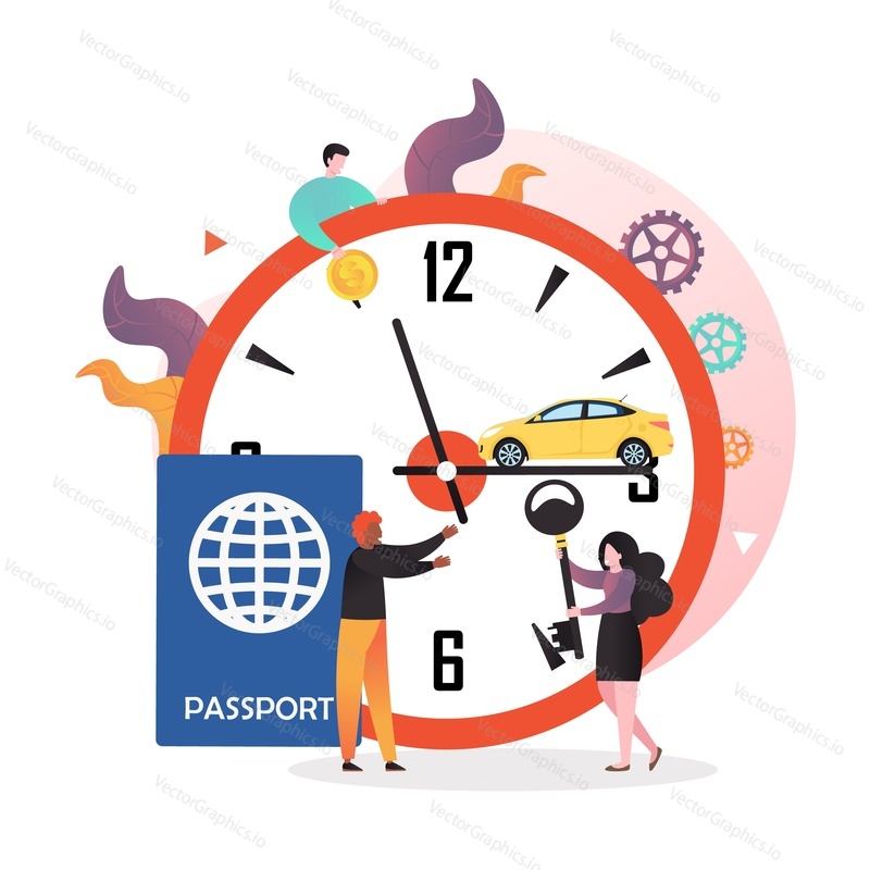 Automobile standing on huge clock hand, big passport and micro male and female characters with key, dollar coin, vector illustration. Rent car with cash money concept for web banner, website page etc.
