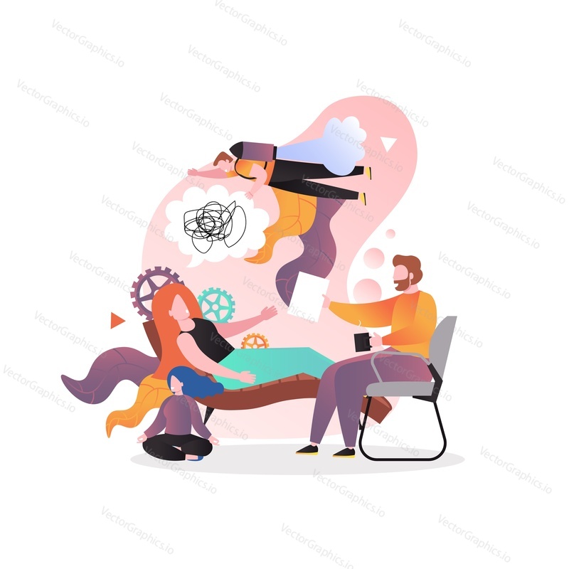 Professional psychotherapist talking to patient young woman lying on couch, vector illustration. Psychotherapy session, treating mental health problems such as panic, stress, depression etc.