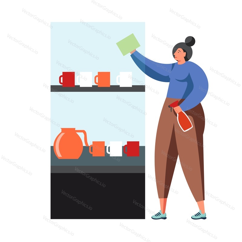Woman cleaning shopping mall glass showcase with rag and spray cleaner, vector flat illustration isolated on white background. Professional commercial cleaning services.