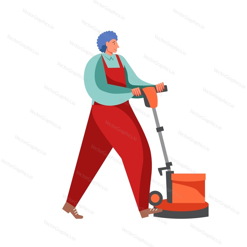 Male janitor in red coveralls with floor polisher machine, vector flat illustration isolated on white background. Professional commercial cleaning services.