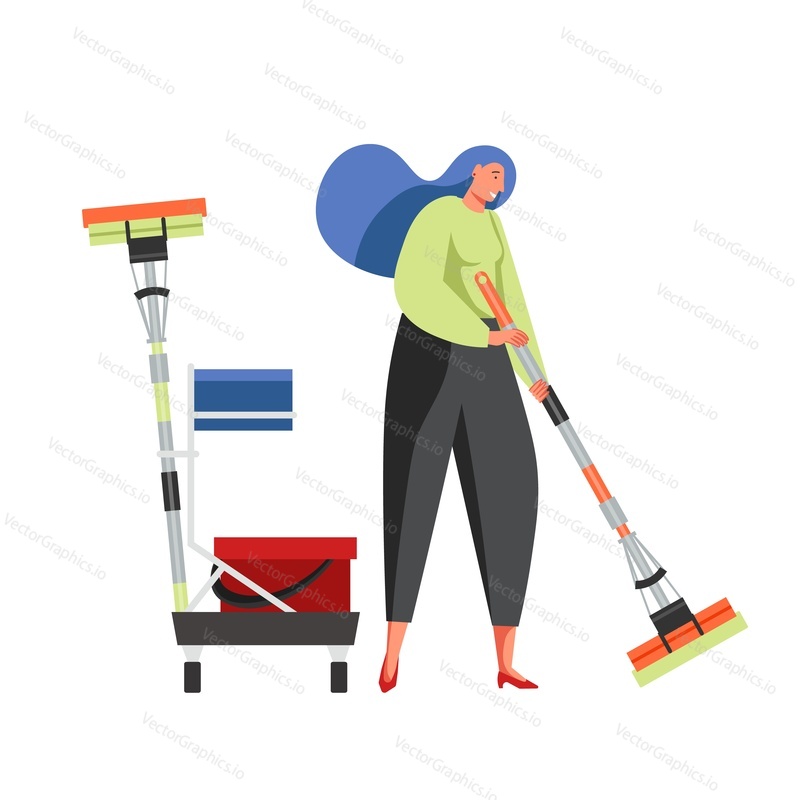 Woman cleaning floor using mop, vector flat illustration isolated on white background. Professional commercial cleaning services, mopping floors.