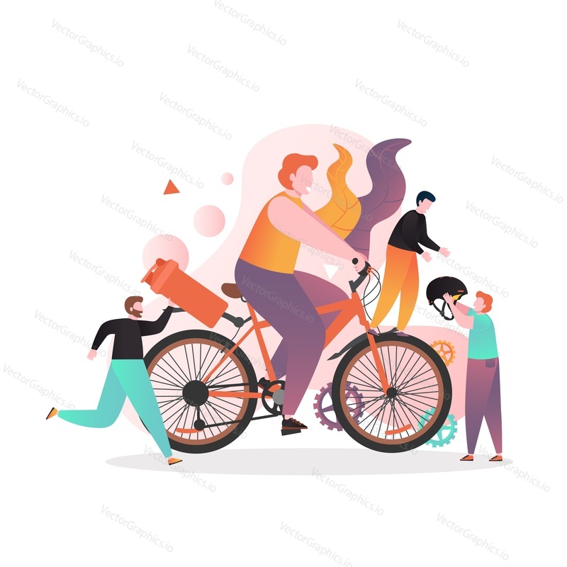 Huge cyclist riding bike and micro male and female characters giving him water bottle, cycling helmet, vector illustration. Bike and cycle accessories concept for web banner, website page etc.