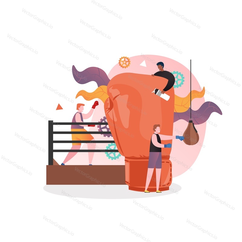 Huge boxing glove and micro characters boxers hitting punching bag, boxing in the ring, vector illustration. Boxing sport training, tournament composition for web banner, website page etc.