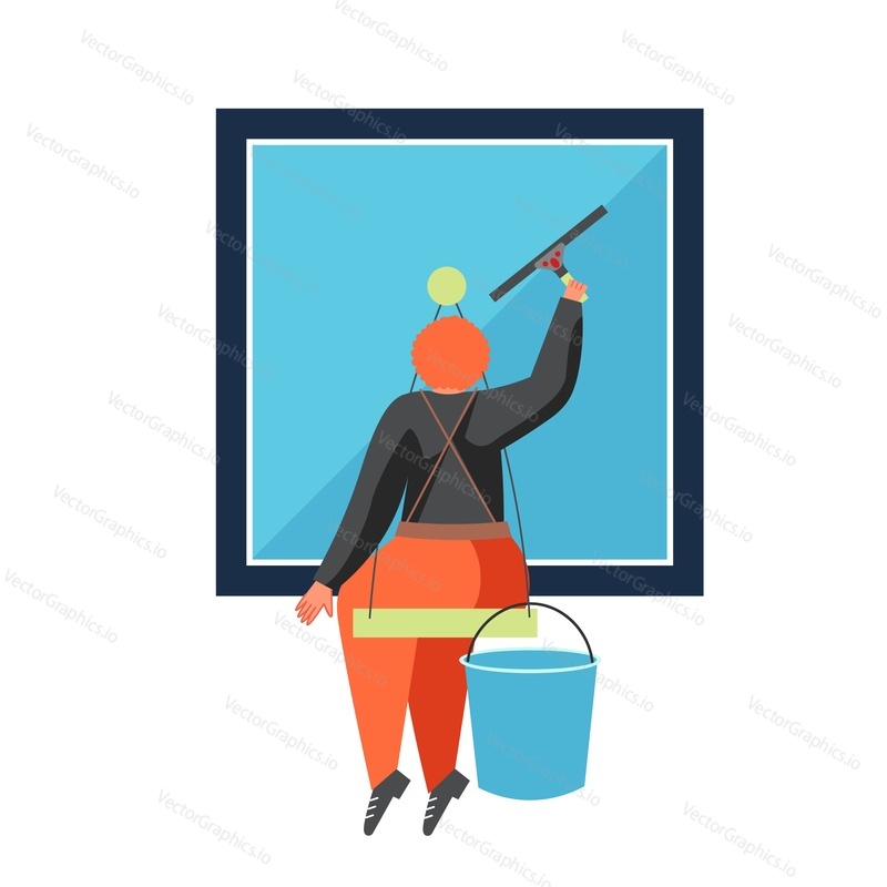 Woman washing window using squeegee, vector flat illustration isolated on white background. Cleaning company services, home and commercial window cleaning.