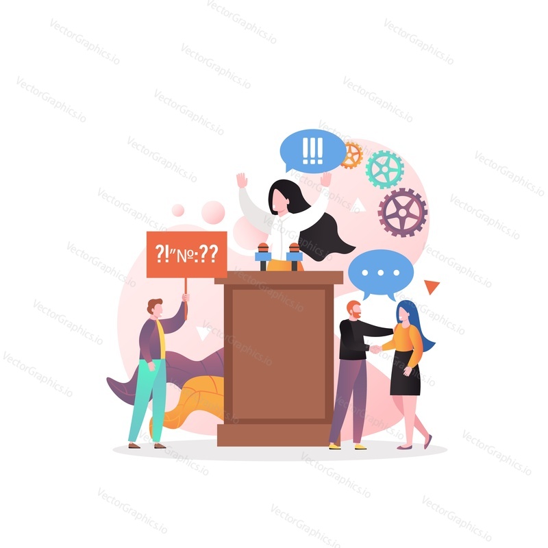 Politician female character speaking from rostrum, vector illustration. Election campaign, public speaking, political meeting, election speech composition for web banner, website page etc.