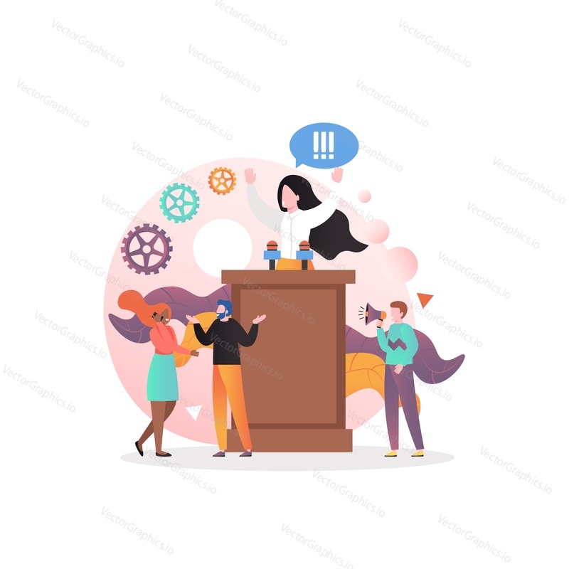 Lady politician, political candidate giving speech while standing behind rostrum, concept vector illustration. Election speech, meeting with voters, concept for web banner, website page etc.