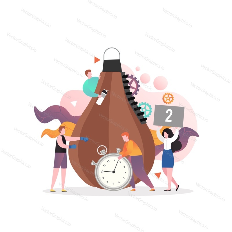 Micro characters boxer training hitting huge pear punching bag, man pushing big stopwatch etc, vector illustration. Boxing sport equipment composition for web banner, website page.